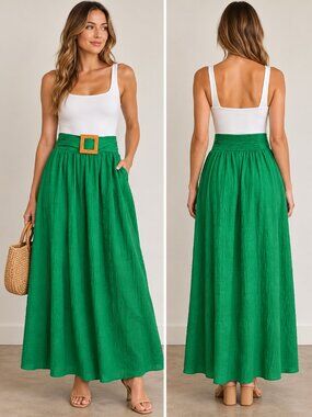Shareen Collections Emerald Green Belted Maxi Skirt Wicker Buckle Size US 10 NWT